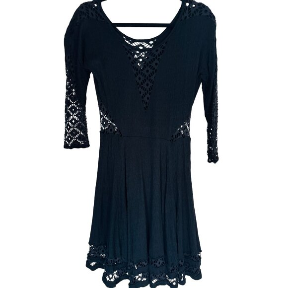 2/$30 Free People Medium Black Lace Knit Dress 3/4 Sleeve Attractive Details - Picture 1 of 15